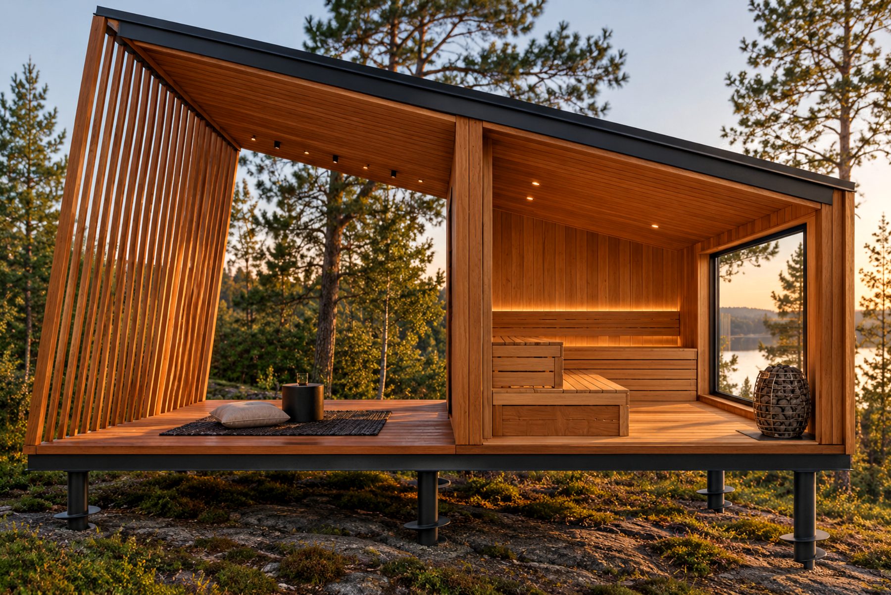 Concept render of the sauna pod: a slatted cedar porch on one side, a cedar-lined hot room with tiered benches and a stove on the other, raised on screw piles among pines