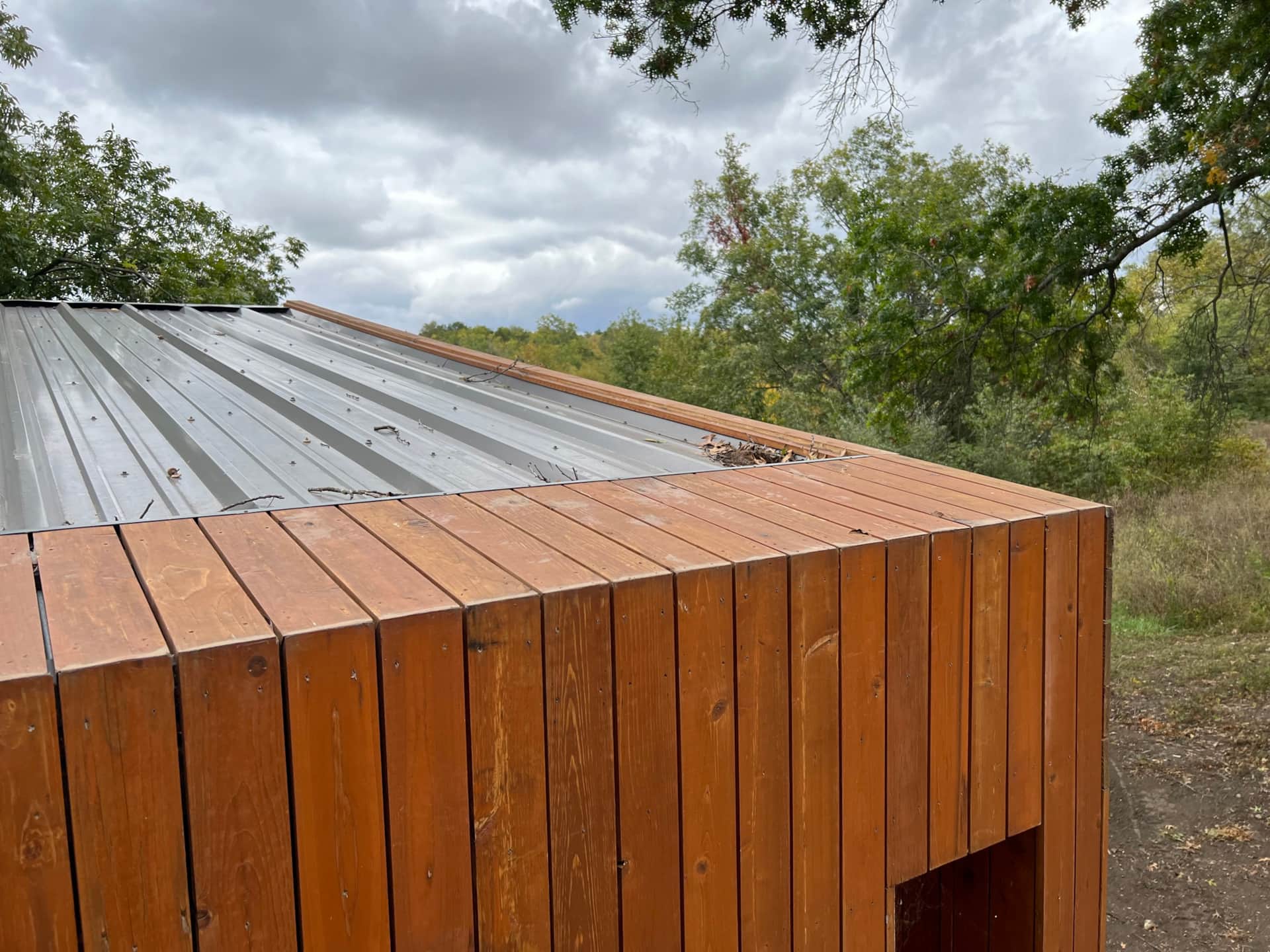 Roof detail showing concealed gutter design and cedar rainscreen