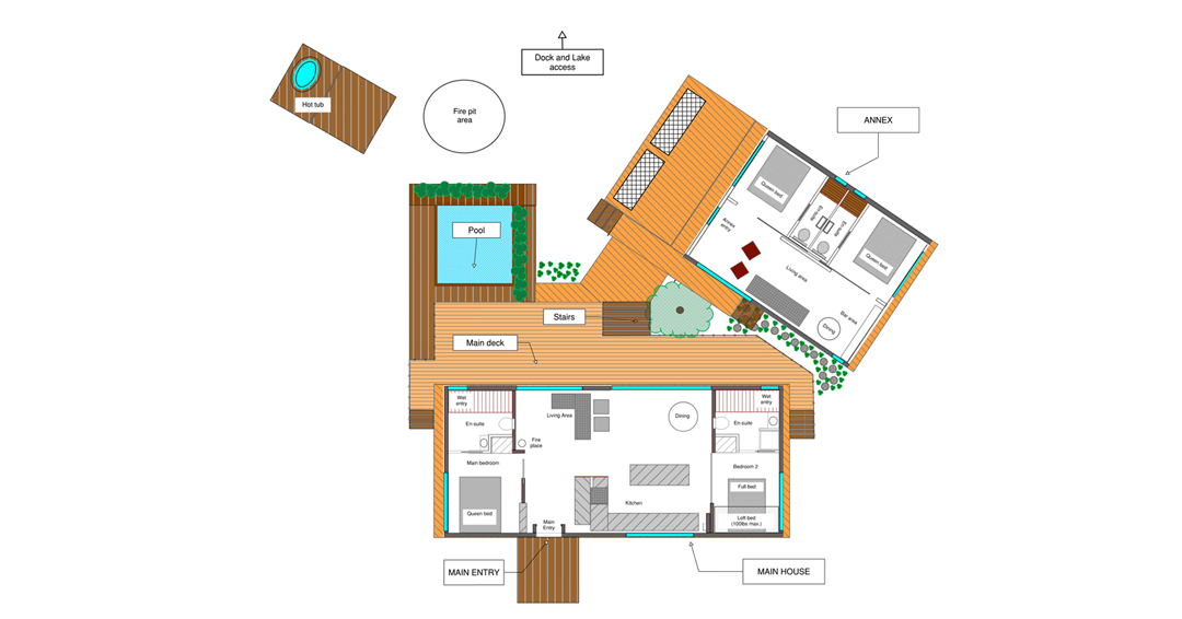Floor plan of both pods and decks